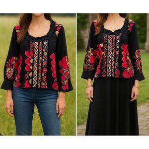 Savage Culture Multicolor Art to Wear Bohemian Top Ruffled Collar L Embroidery